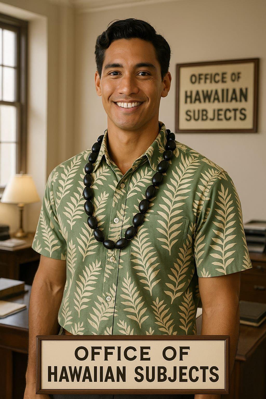 A young man smiling and dressed in Aloha attire