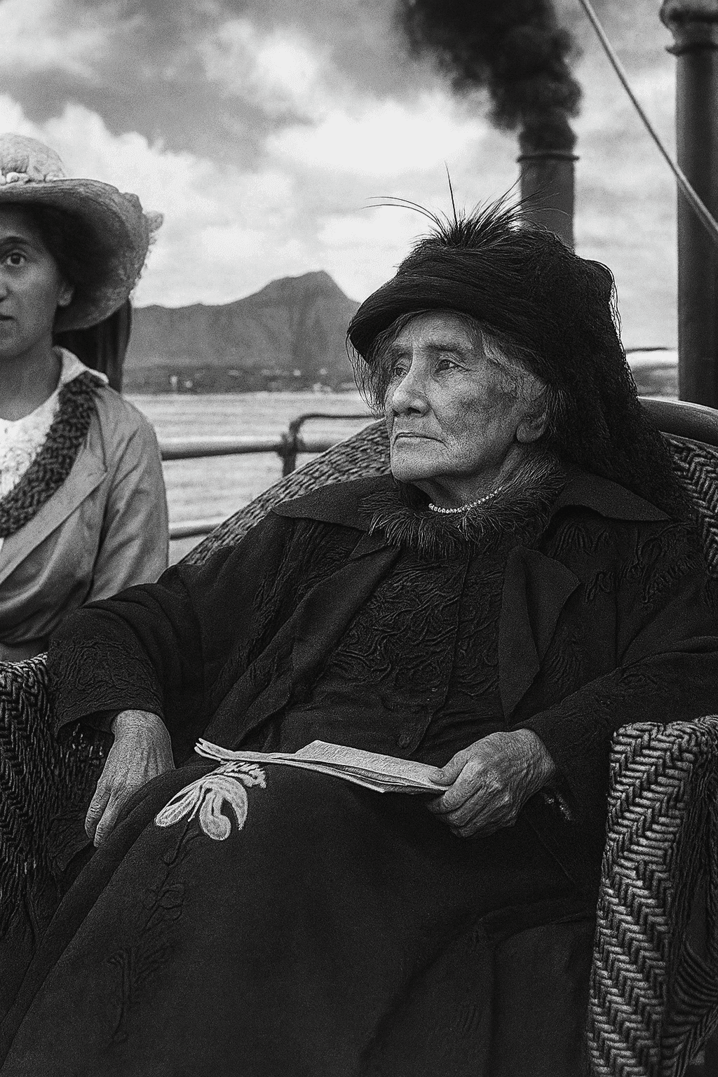 Queen Liliuokalani sitting on the steamer boat