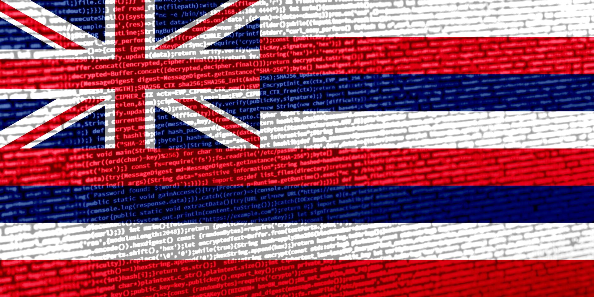Flag of Hawaii over digital code. Concept of cybersecurity, innovation, and digital infrastructure in Hawaii. Modern tech development trends in Hawaii. Programming, digital sovereignty and site devel