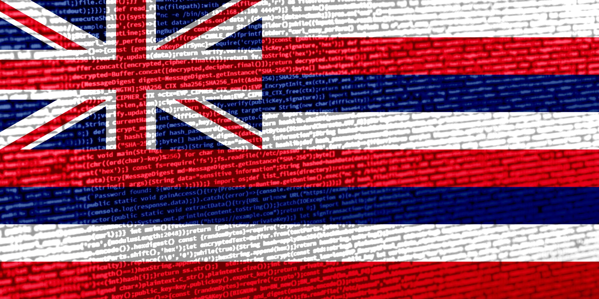 Flag of Hawaii over digital code. Concept of cybersecurity, innovation, and digital infrastructure in Hawaii. Modern tech development trends in Hawaii. Programming, digital sovereignty and site devel