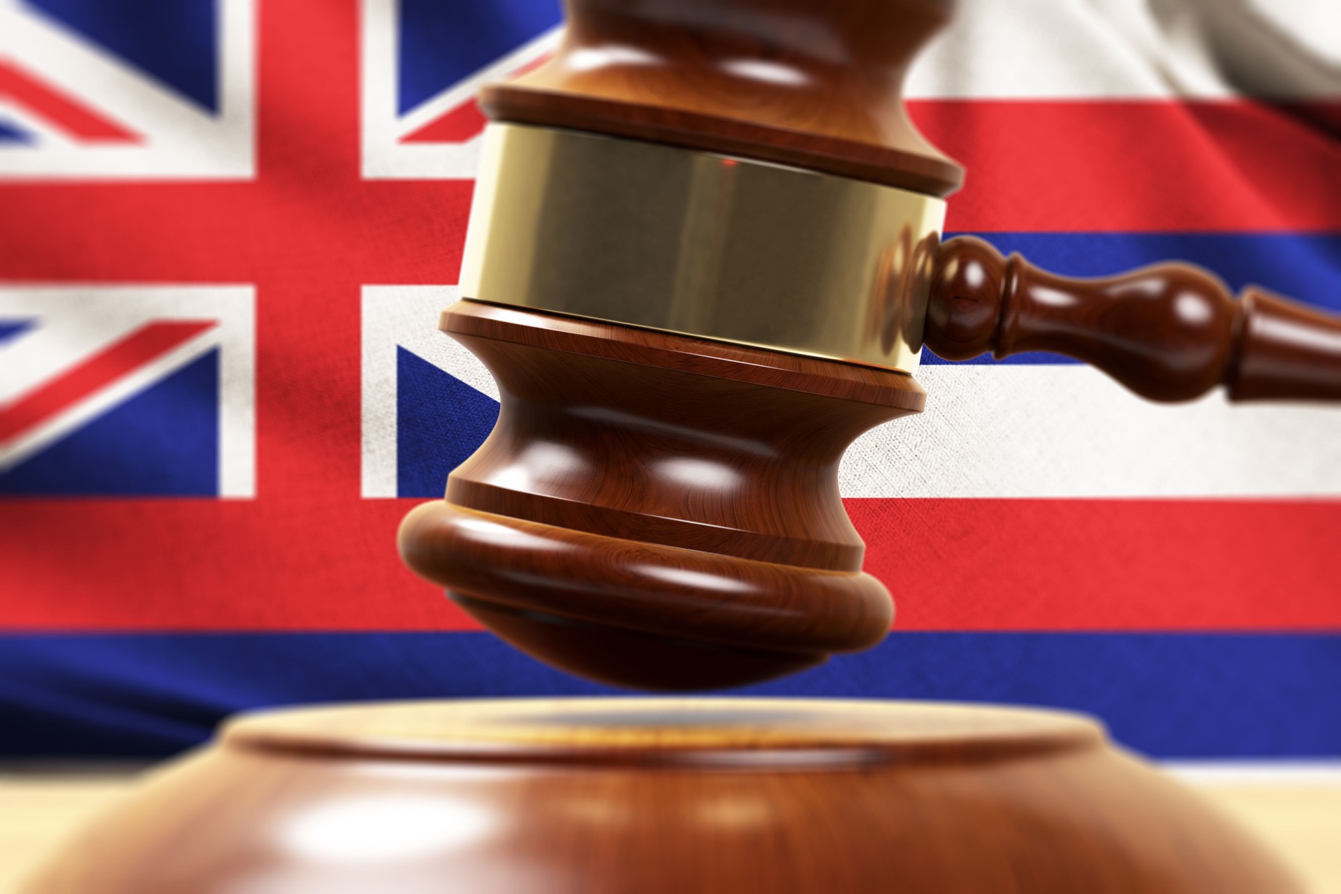 Wood Gavel Standing Front Of the Hawaii State Flag Closeup 3d Render