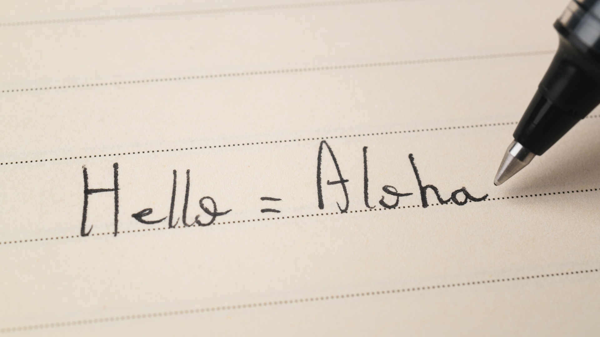 Beginner Hawaiian language learner writing Hello word Aloha for homework on a notebook macro shot